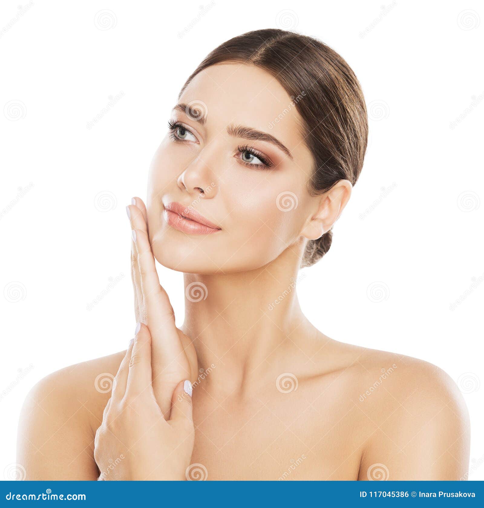 face beauty skin care, woman natural make up, hand on cheek