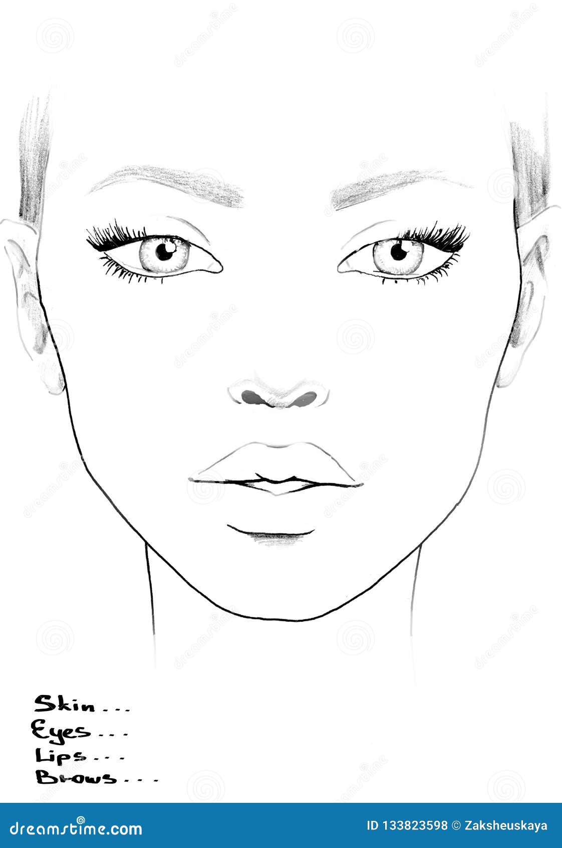 Face Chart Makeup Artist Blank. Beautiful Woman Portrait. Face In Blank Model Sketch Template