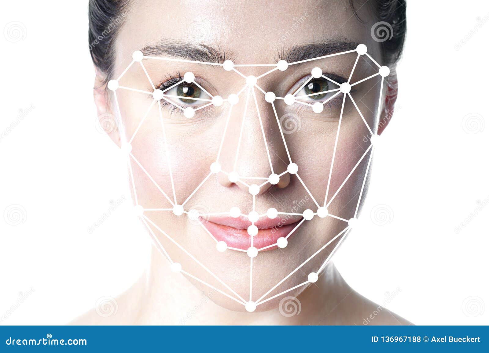 face detection or facial recognition grid overlay on face of woman