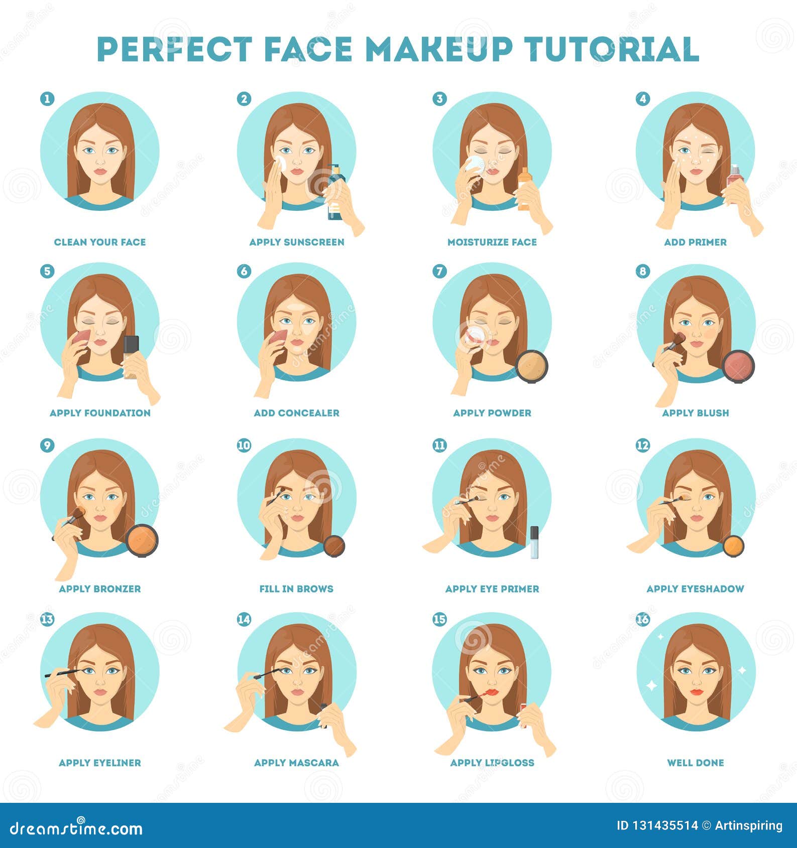 Face Makeup Tutorial For Woman Applying Powder Stock Vector Illustration Of Base Isolated 131435514