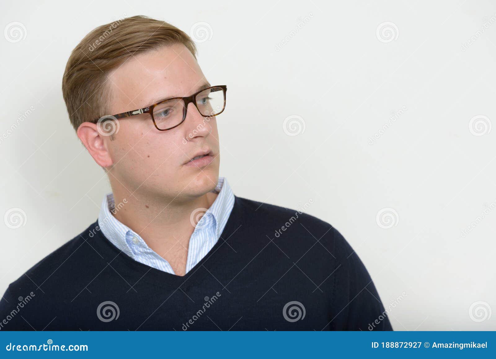 Face Of Man With Blond Hair Wearing Eyeglasses And Looking Away Stock ...