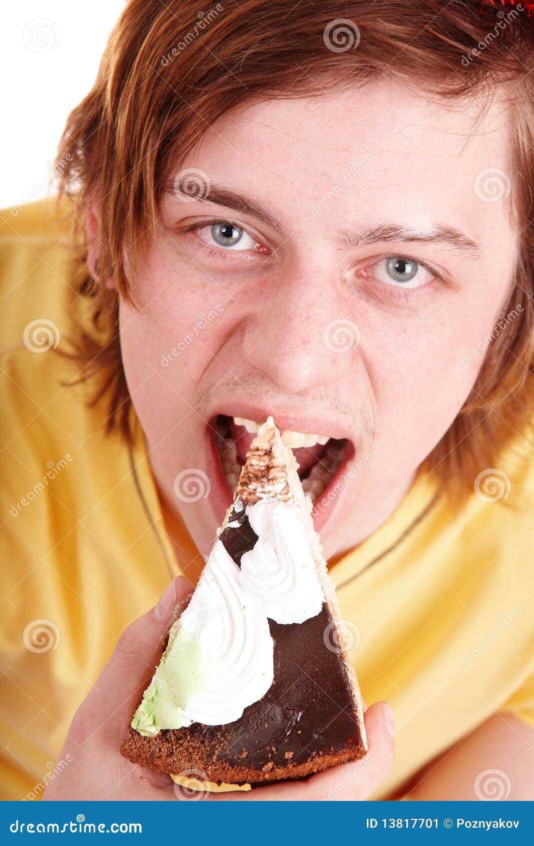Face of man eating cake. stock image. Image of delight 13817701