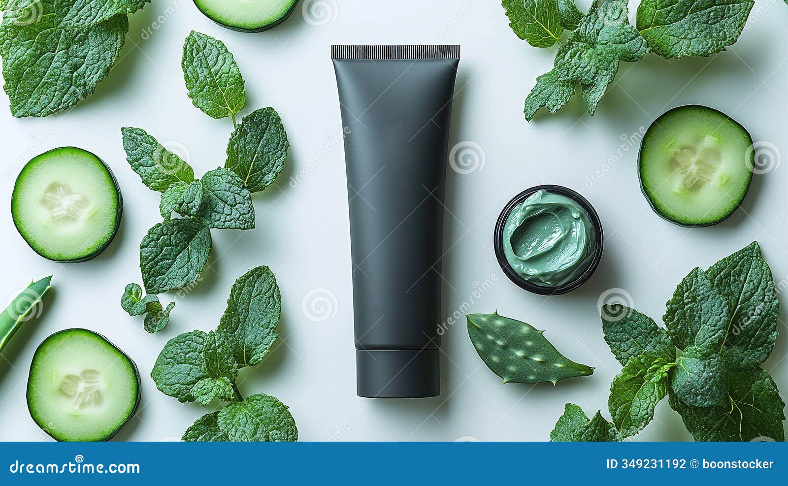 face mask tube with cucumber slices and aloe vera leaves in fresh botanical setting. ai generated.