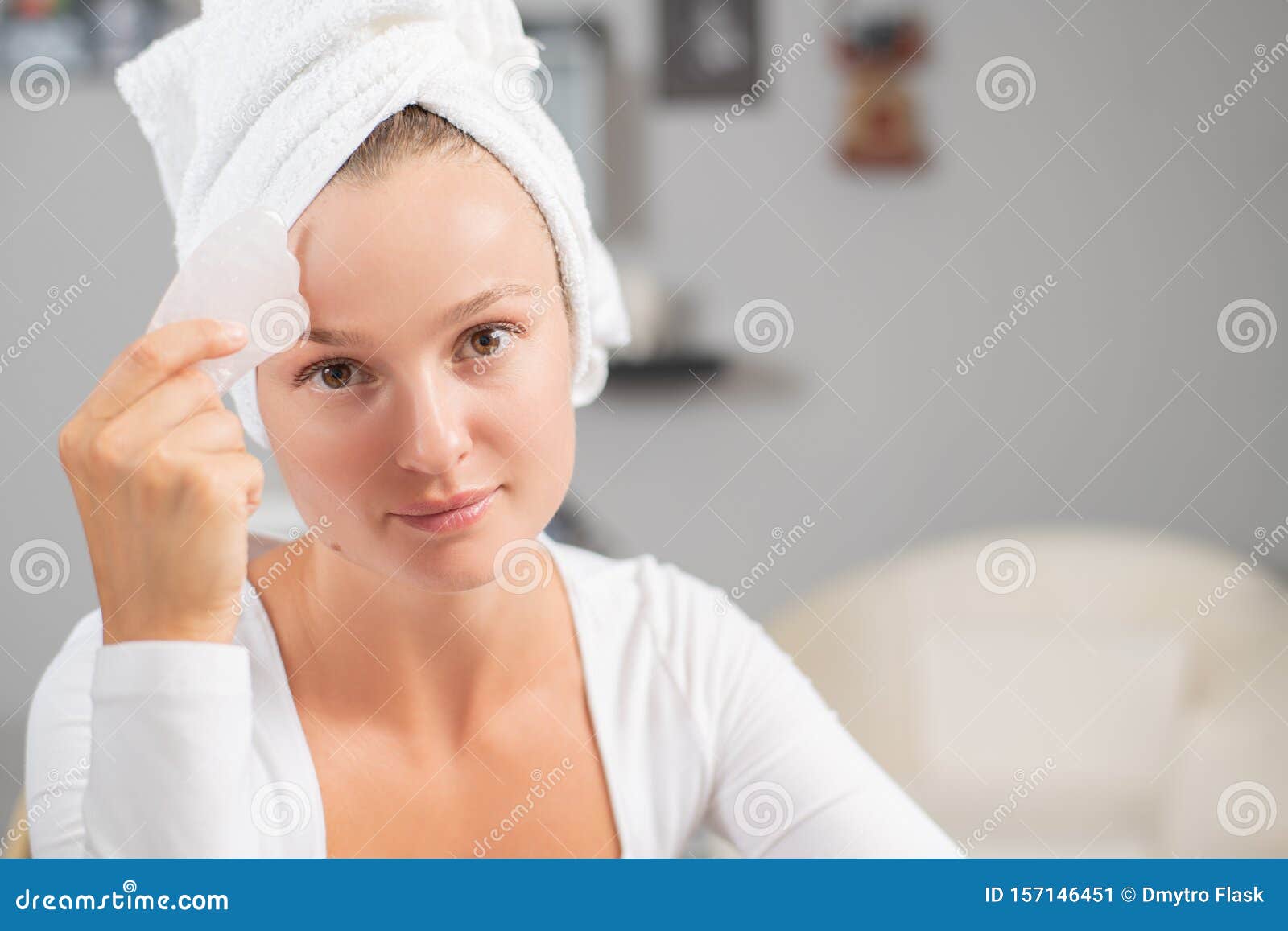 Face Massage Beautiful Woman Is Getting Massage Face Using Jade Stone For Skin Care Stock Image