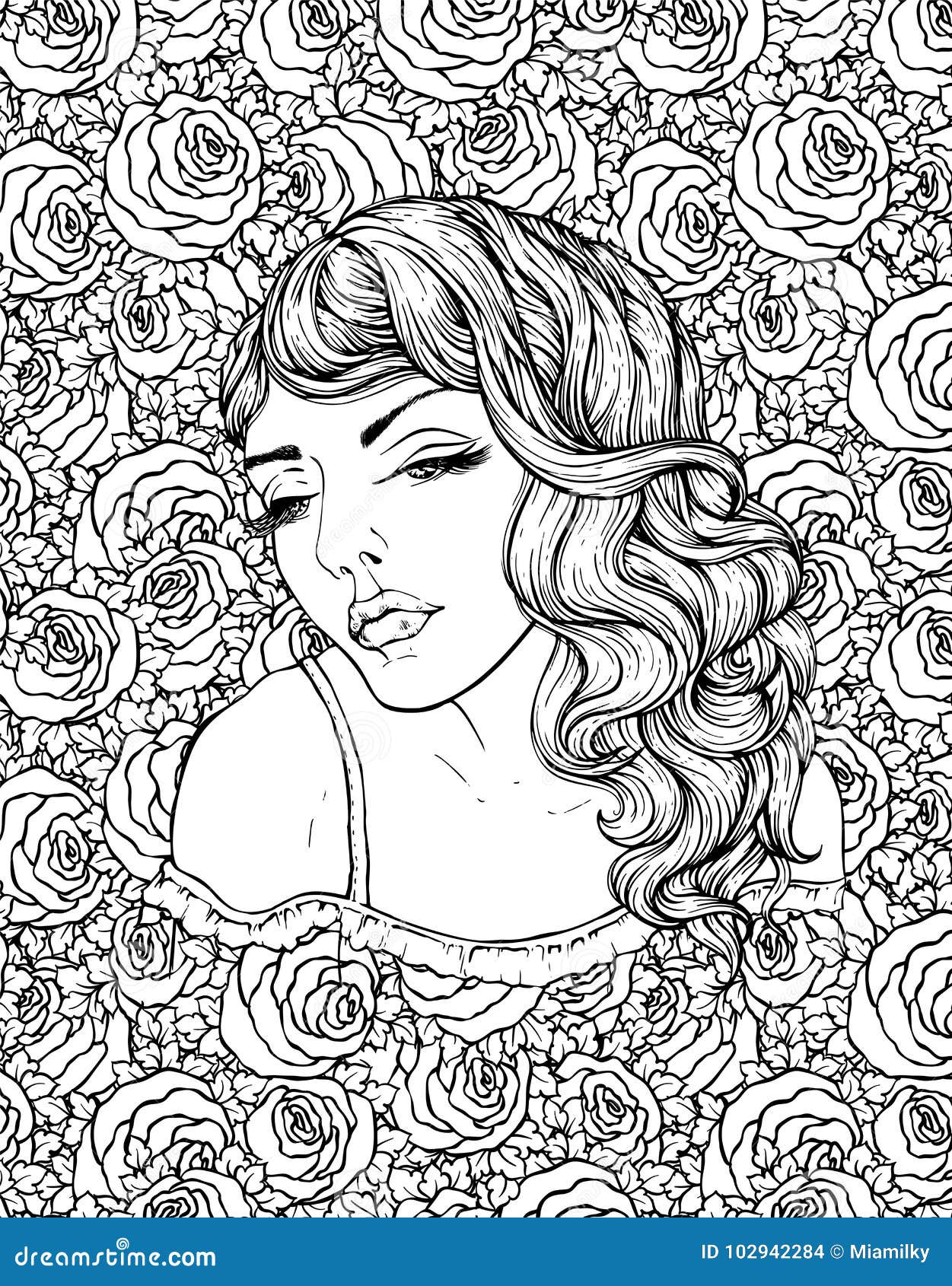 Face of Pretty Elegant Boho Girl on Floral Background with Roses ...