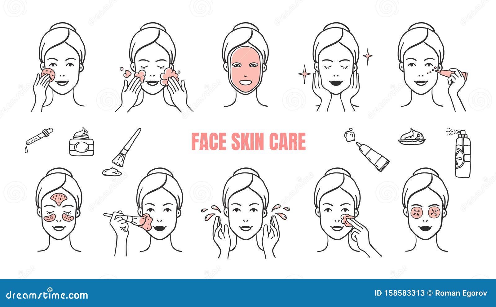 face skin care icons. makeup removal and dermatology infographic s, facial masks and skincare cream.  hand