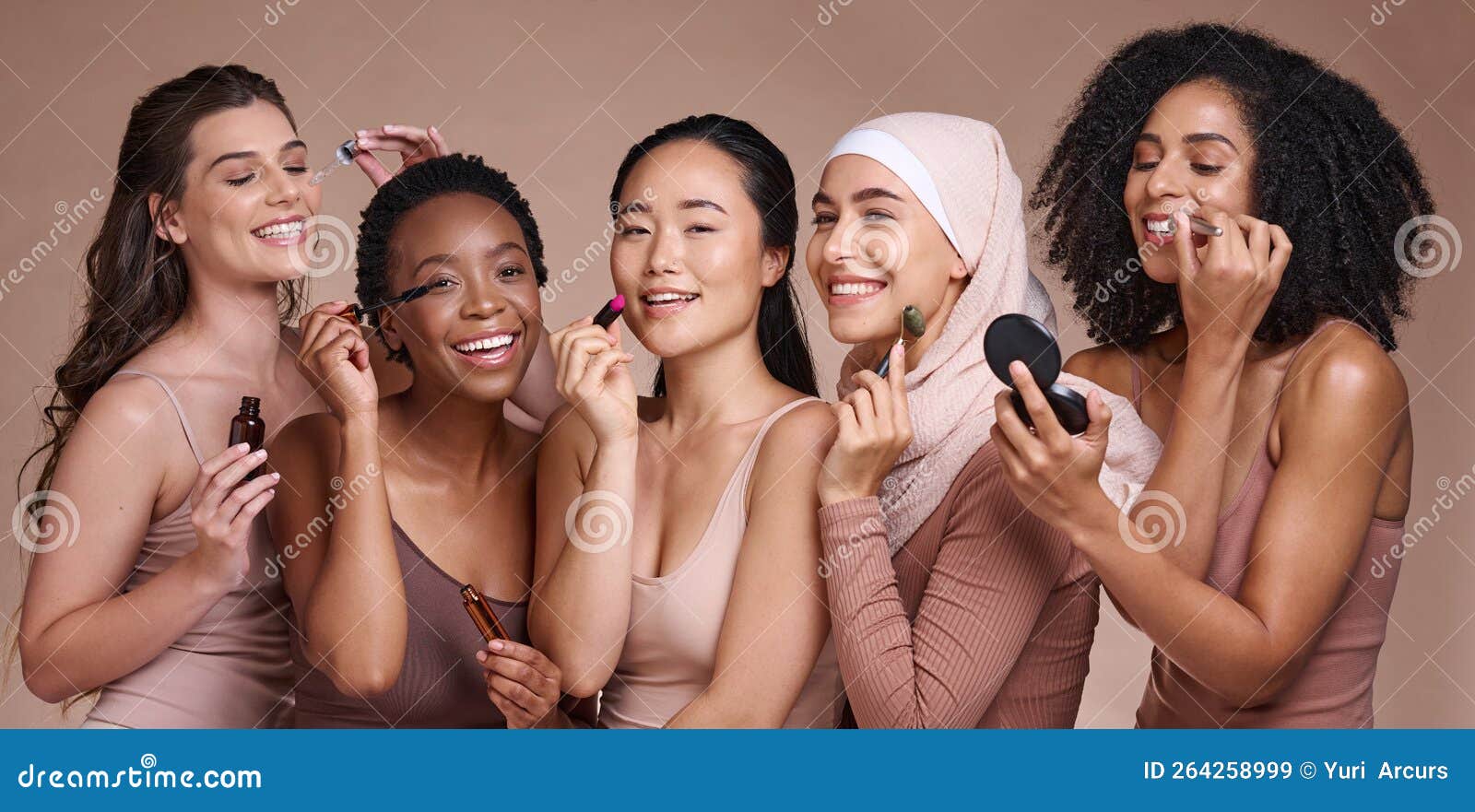 face, skincare makeup and group of women in studio on a brown background. beauty portrait, diversity and female models