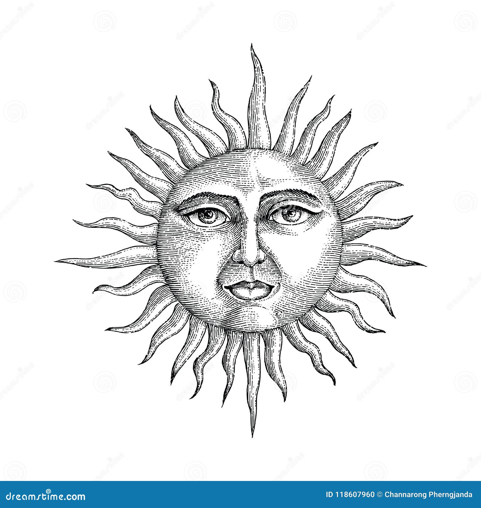 face in sun hand drawing engraving style