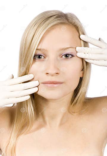 Face of Young Blonde Woman + Her Hands in Gloves Stock Photo - Image of ...