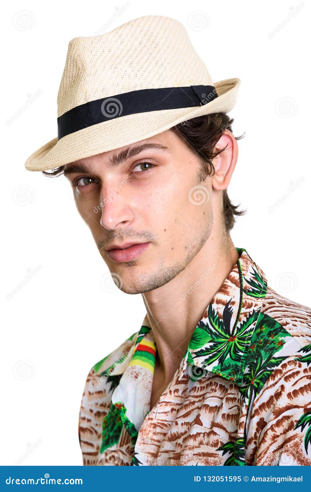 Face of Young Handsome Man Wearing Hawaiian Shirt and Hat Stock Image ...