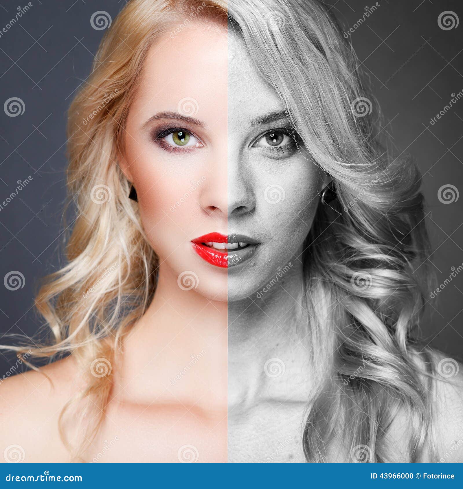 face of young woman before and after retouch
