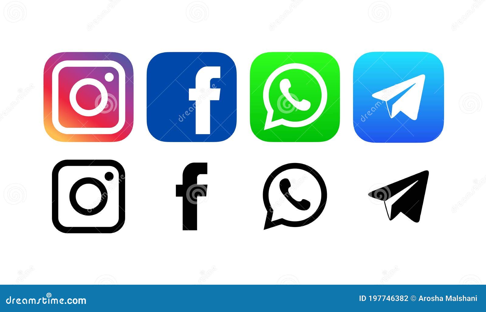 Facebook, WhatsApp, Telegram and Instagram Logos. Isolated on White  Background. Editorial Photography - Illustration of printed, media:  197746382
