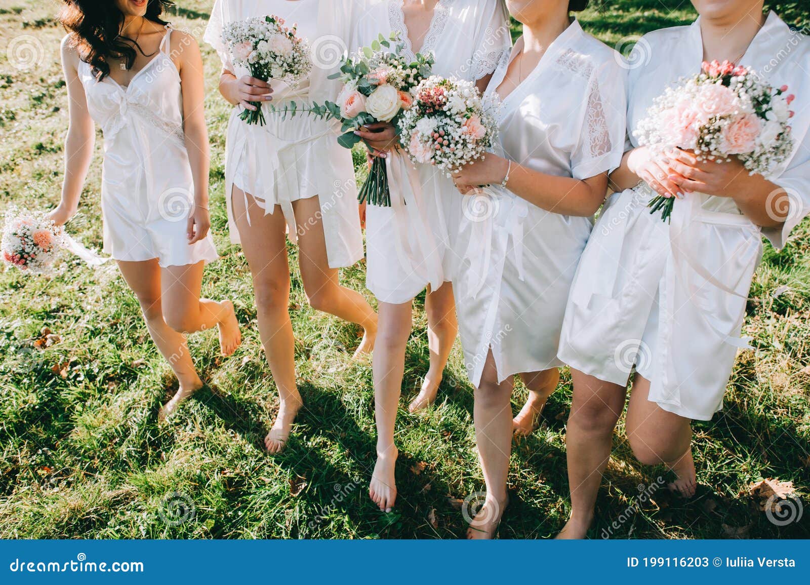 Faceless Bridesmaids and Bride in Satin ...