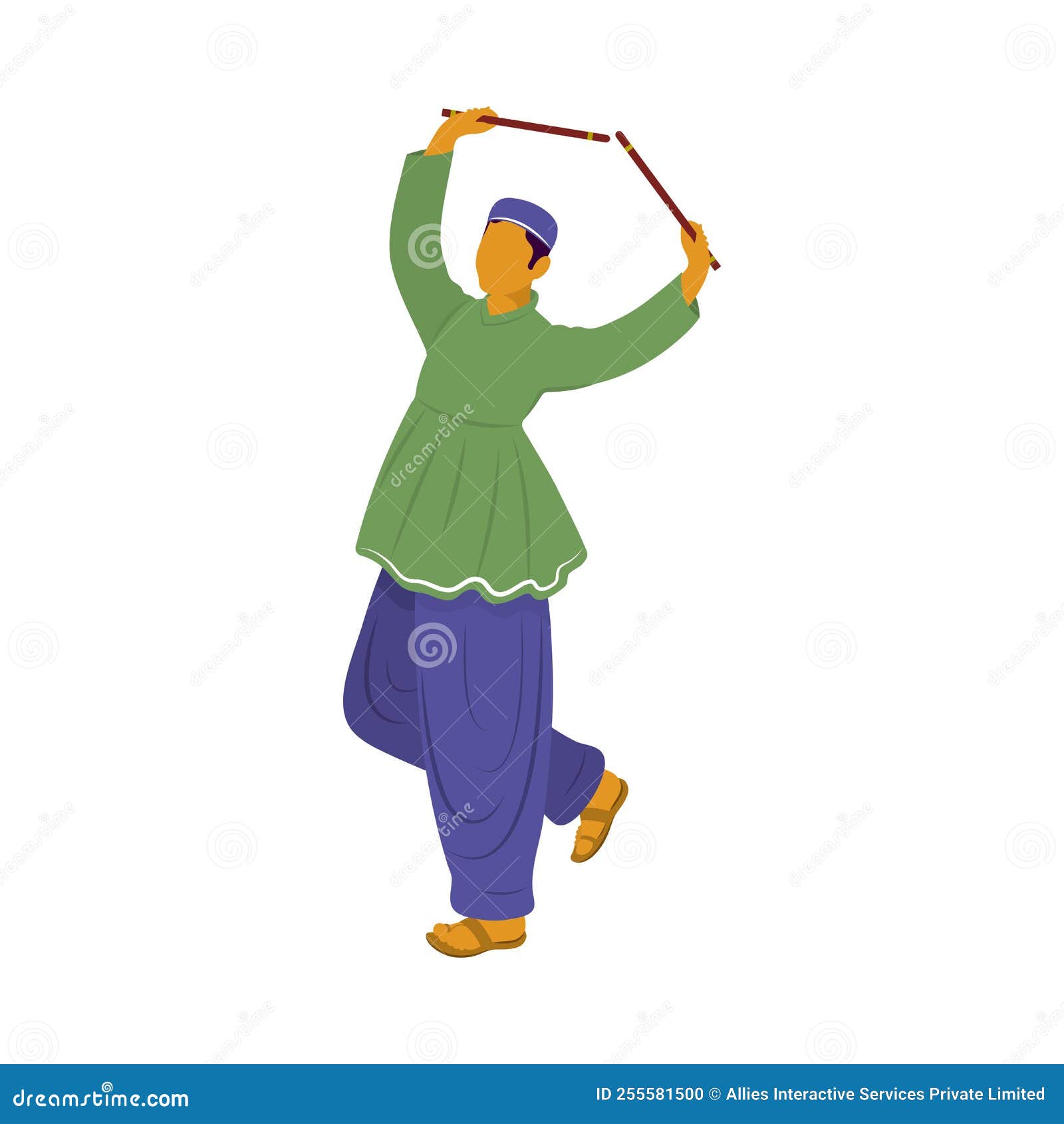 Faceless Gujarati Man Dancing with Dandiya Sticks on White Stock