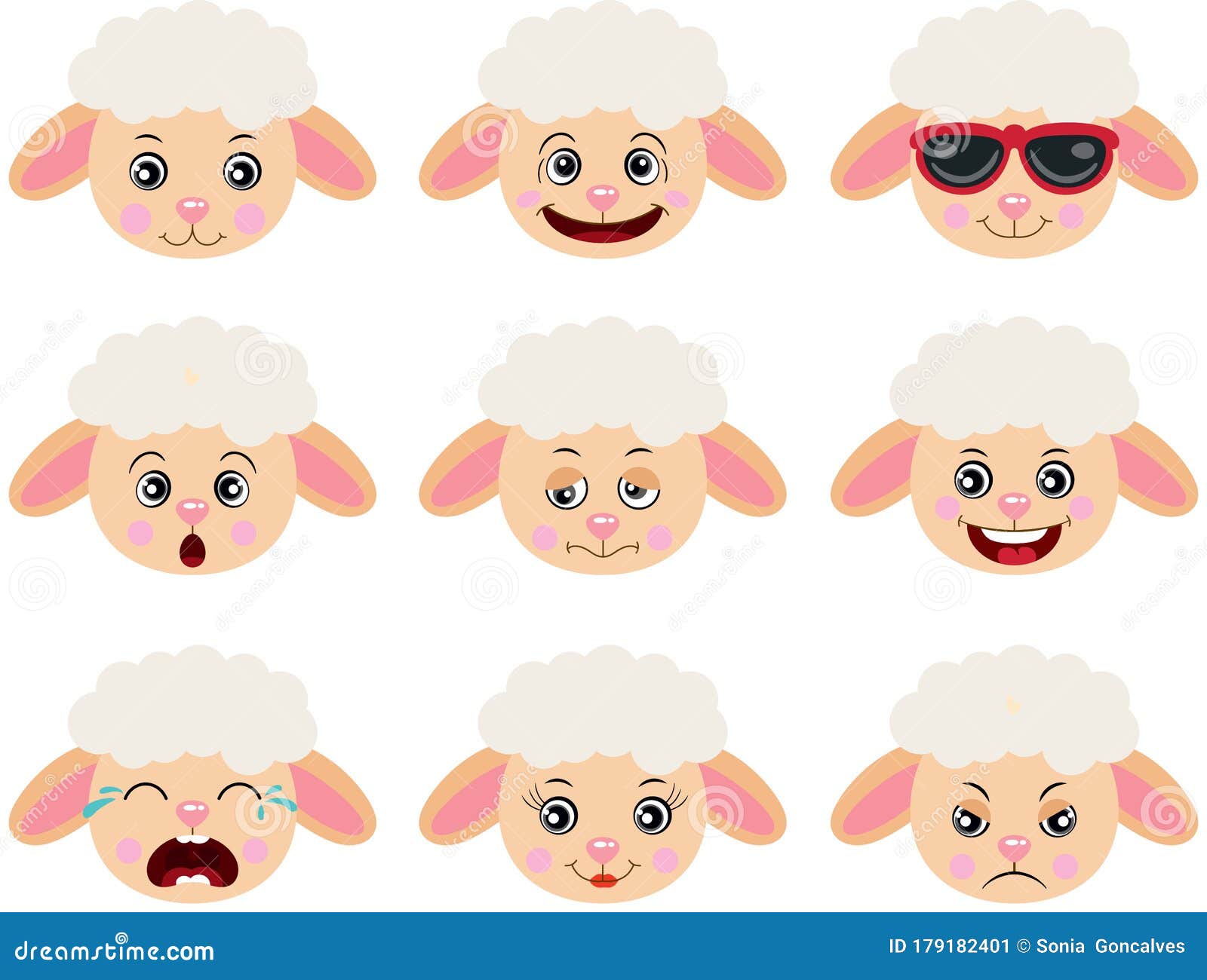 Faces of Lambs with Feature a Different Expressions Stock Vector