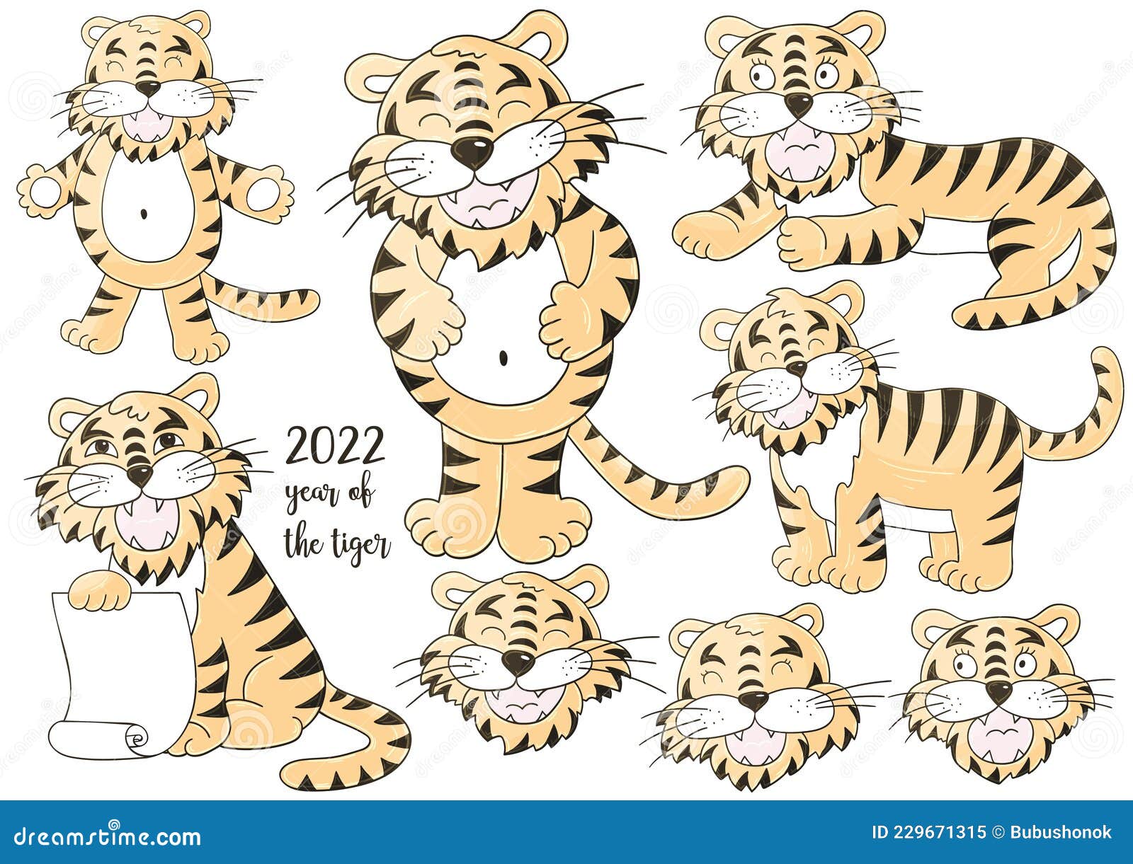 Faces Of Tigers Symbol Of Tigers In Hand Draw Style New Year