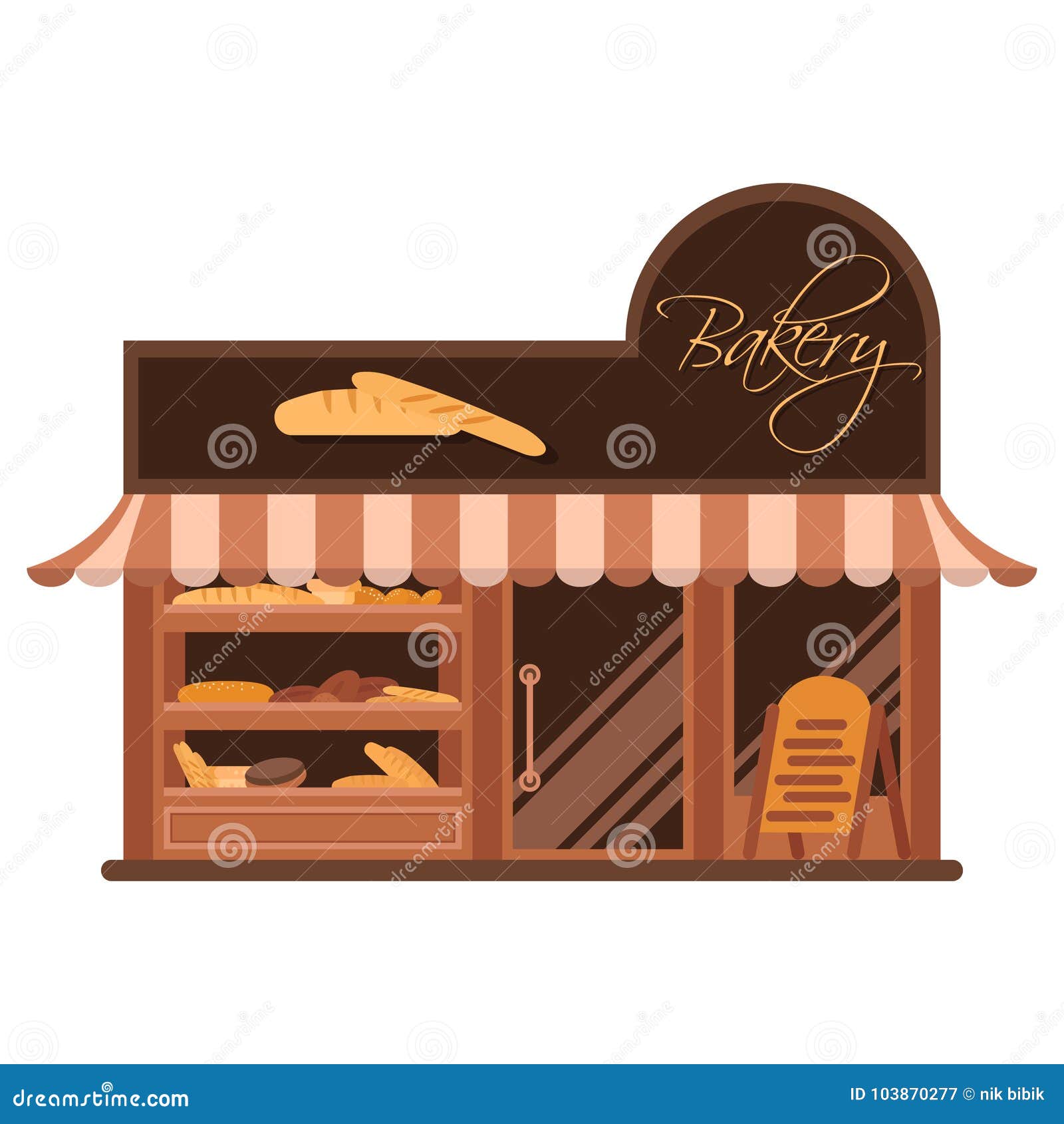 Fachada De La Panadería Escaparate Con Los Dulces Tortas Y Pan Vector