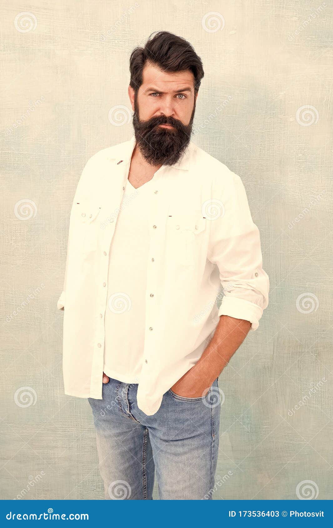 Facial Care. Bearded Man Radiate Masculinity. Handsome Hipster Jeans ...