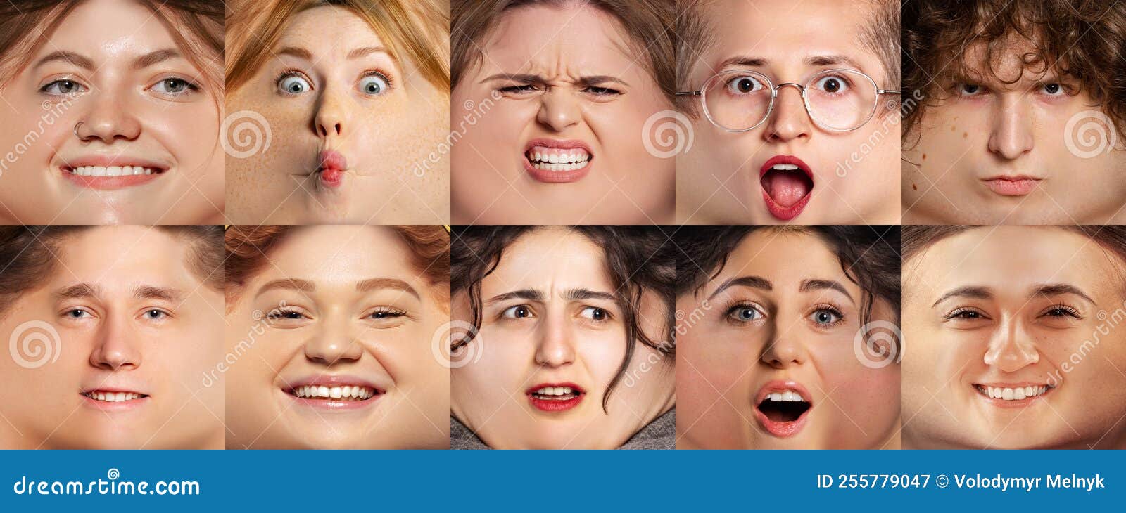 Set of Funny Portraits of Different Young People Faces Expressing Emotions.  Cartoon Style. Happy, Angry, Sad, Annoyed Stock Image - Image of human,  face: 255779047