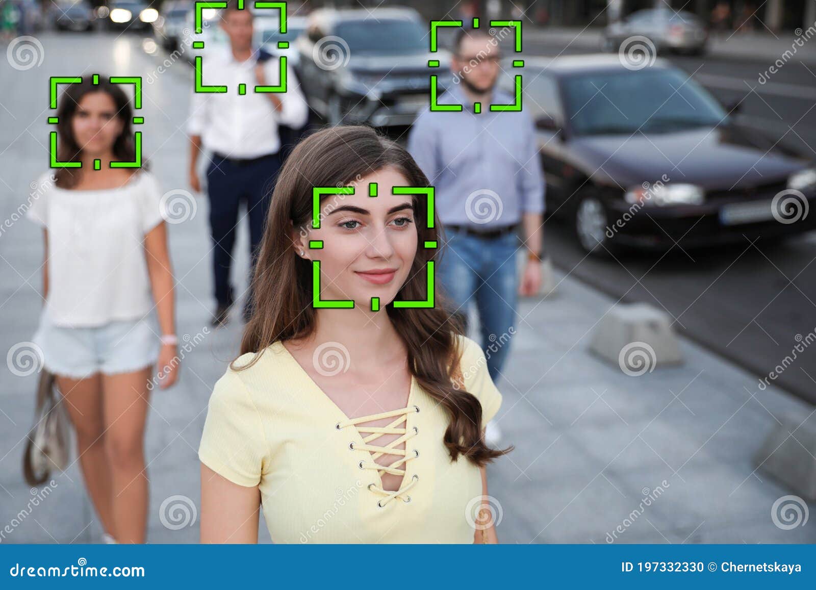 facial recognition system identifying people on city street