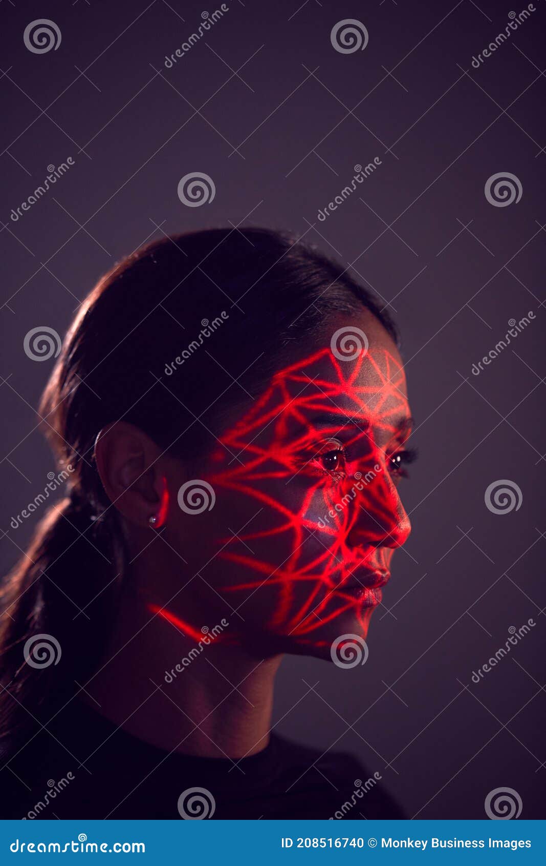 Facial Recognition Technology Concept As Woman Has Red Grid Projected ...
