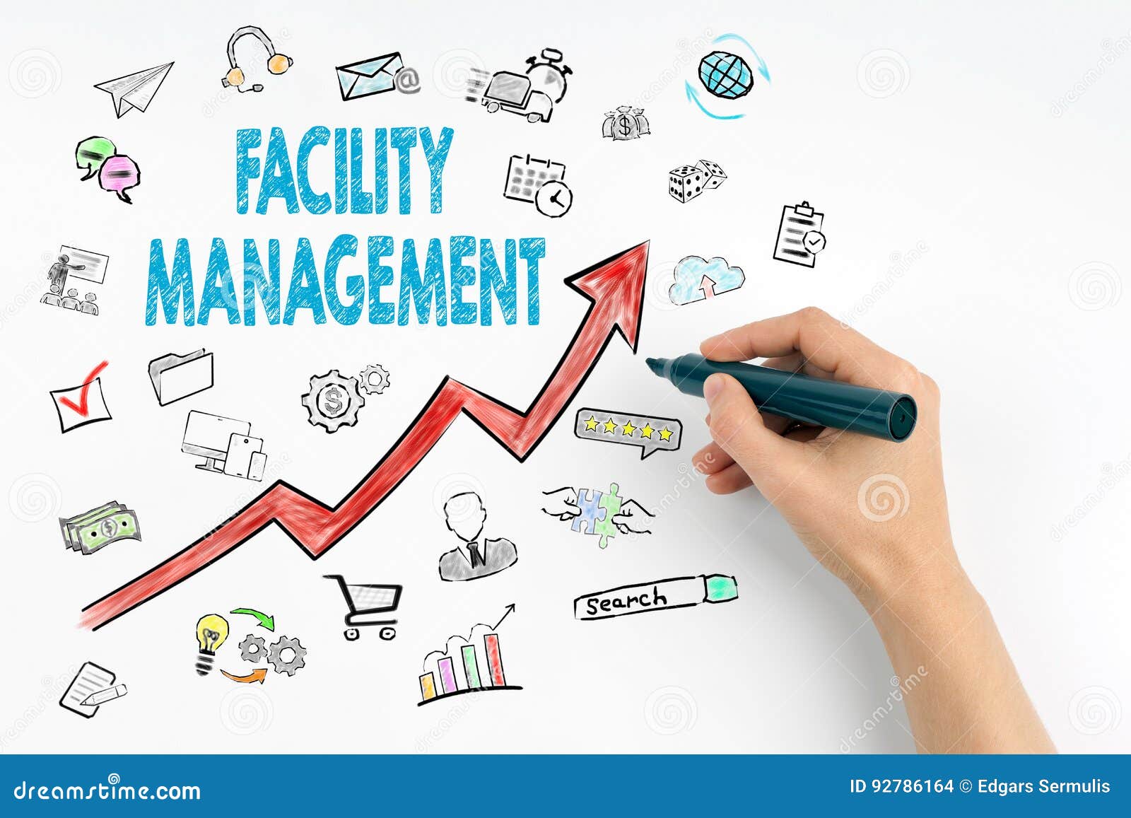 Facility Management Concept. Hand with Marker Writing Stock Photo