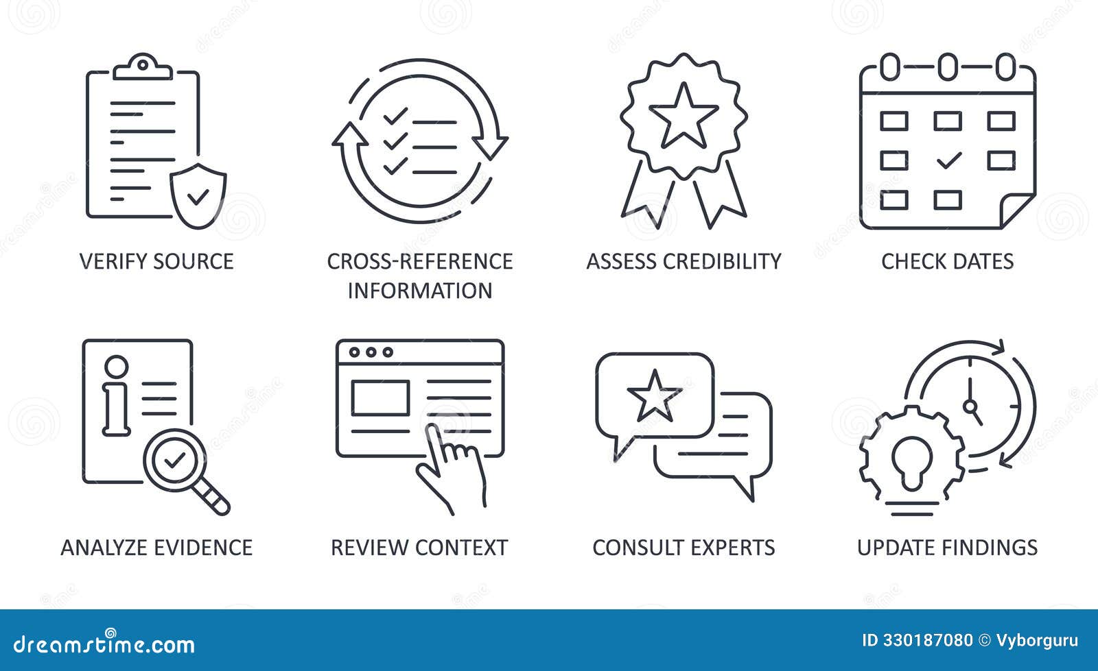fact-checking  icons. process of verifying news and information, media claims and statements. checking the source of data,