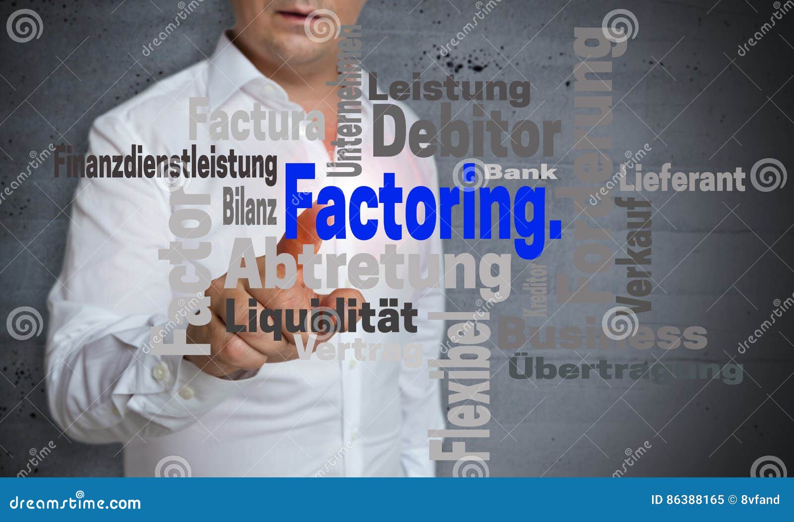 Factoring wordcloud touchscreen is operated by man.