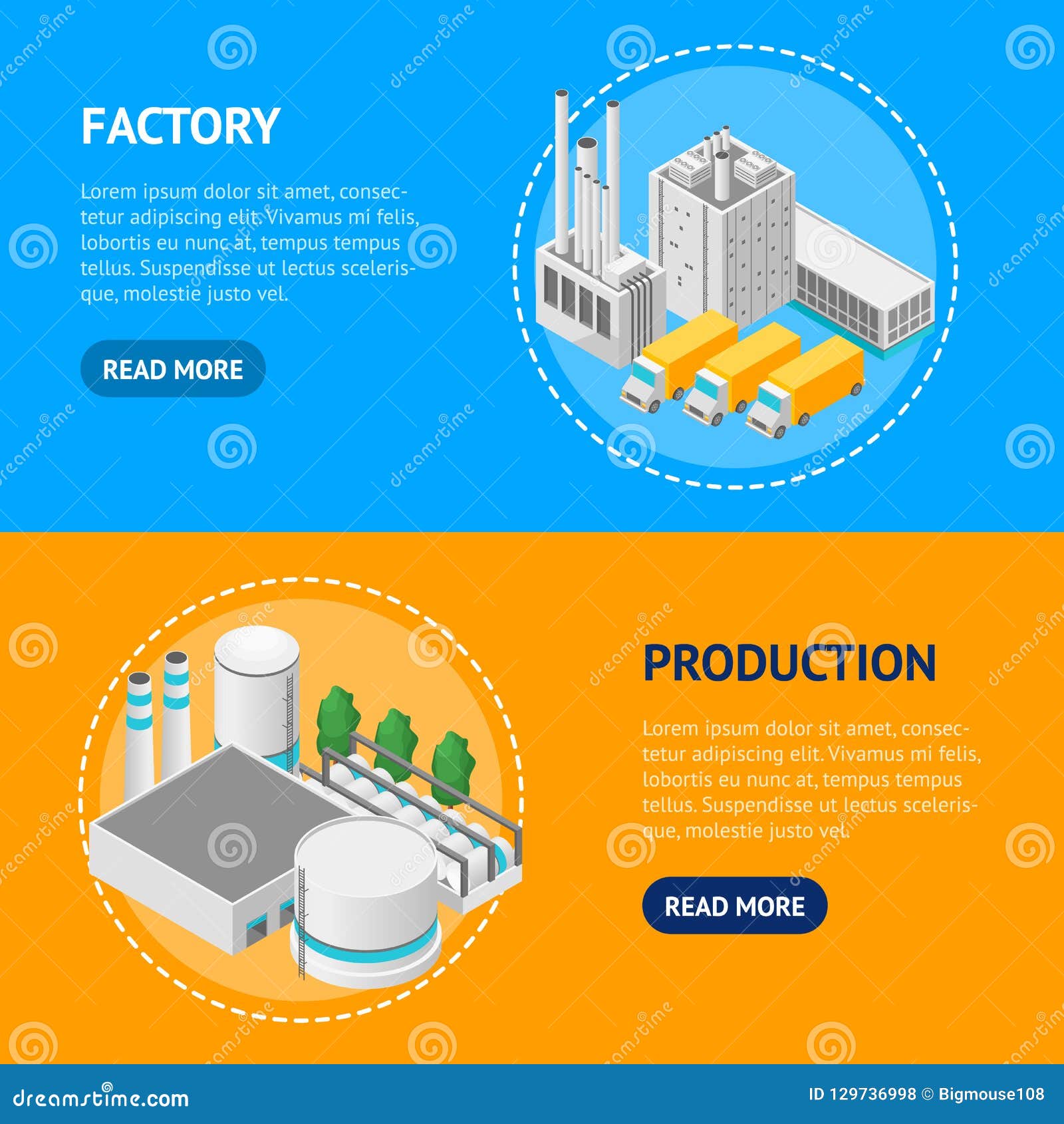 Factory Concept Banner Horizontal Set 3d Isometric View. Vector Stock