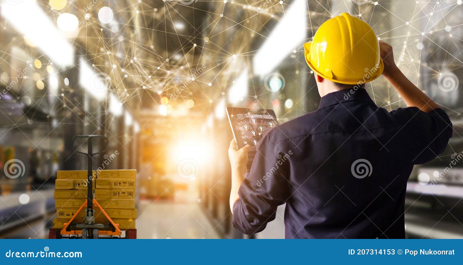 factory engineer hold tablet manage inventory control and deliverly smart transportation through intelligent warehouse management
