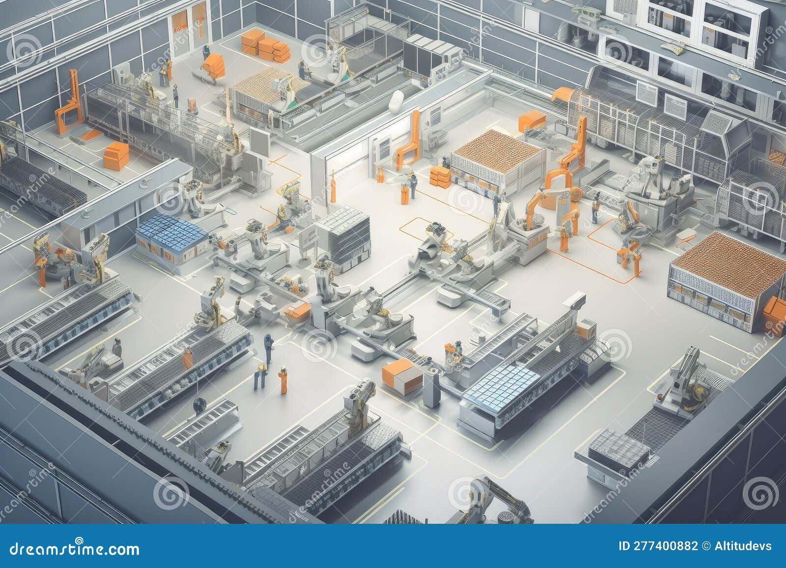 A Factory Floor, with Robots Performing Various Functions and Assisting Humans in Their Tasks