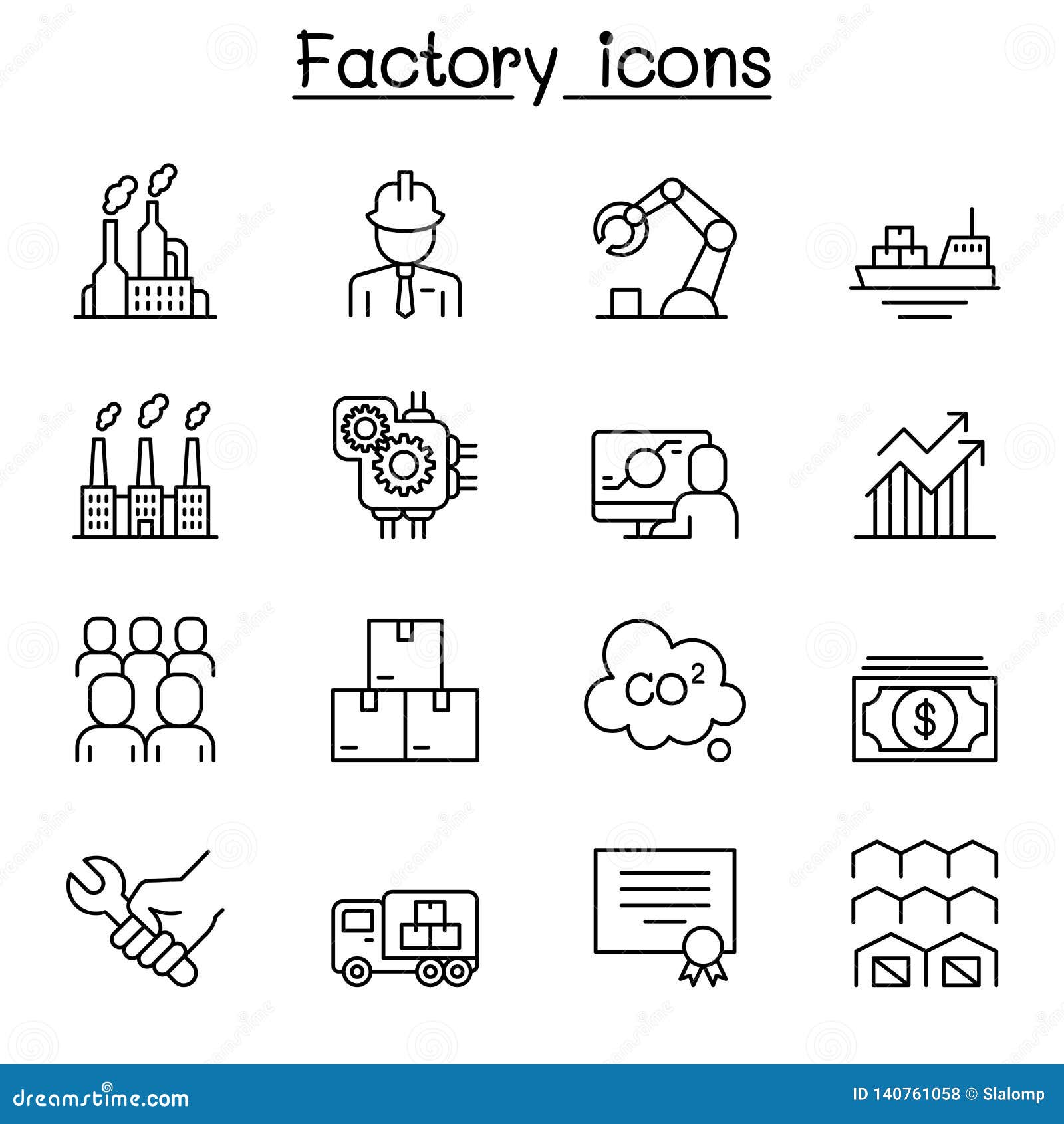 Factory Industrial Building Manufacturing Icon Set In Thin Line Style