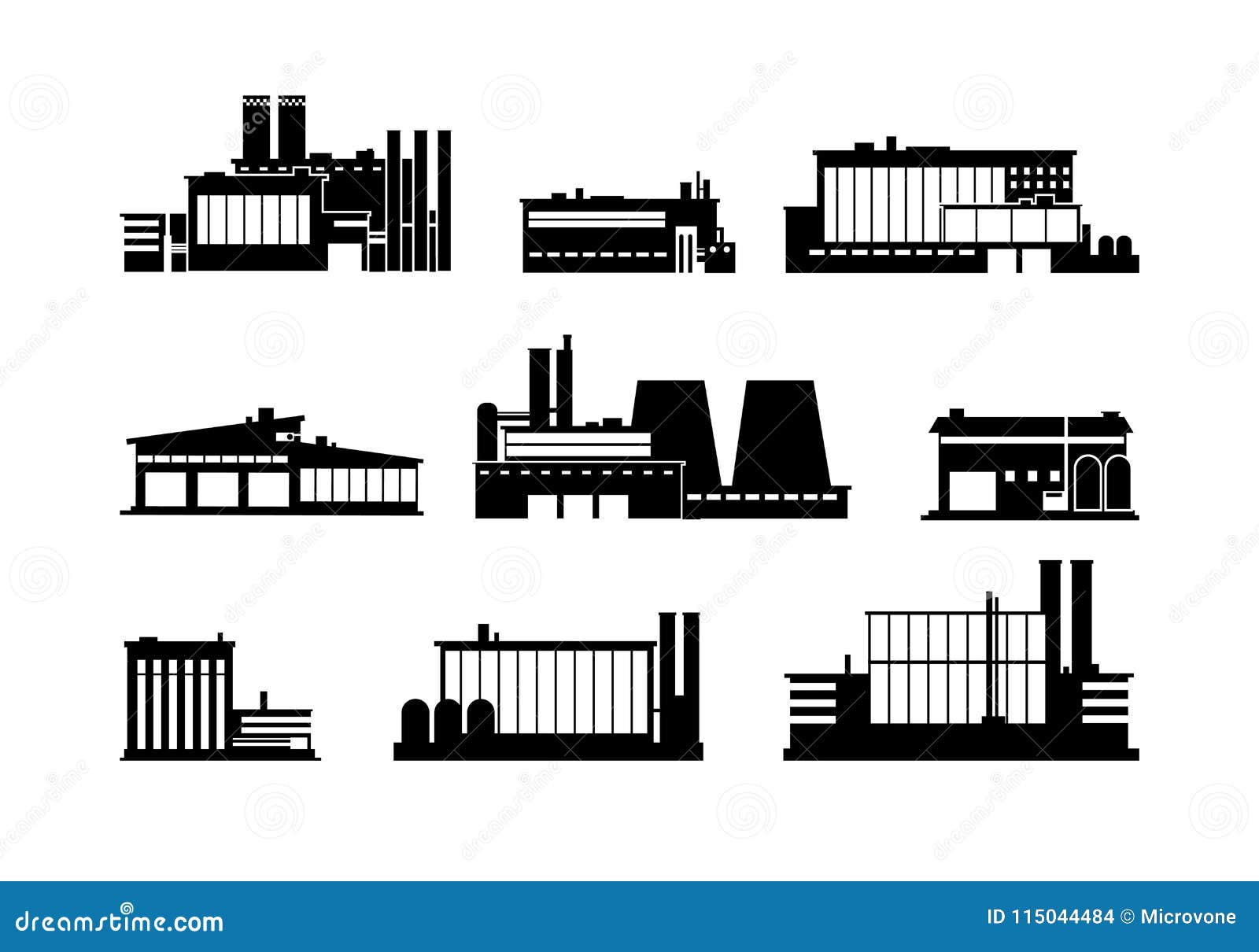 Factory, Manufacturing Plant and Warehouse Black Silhouette Icons