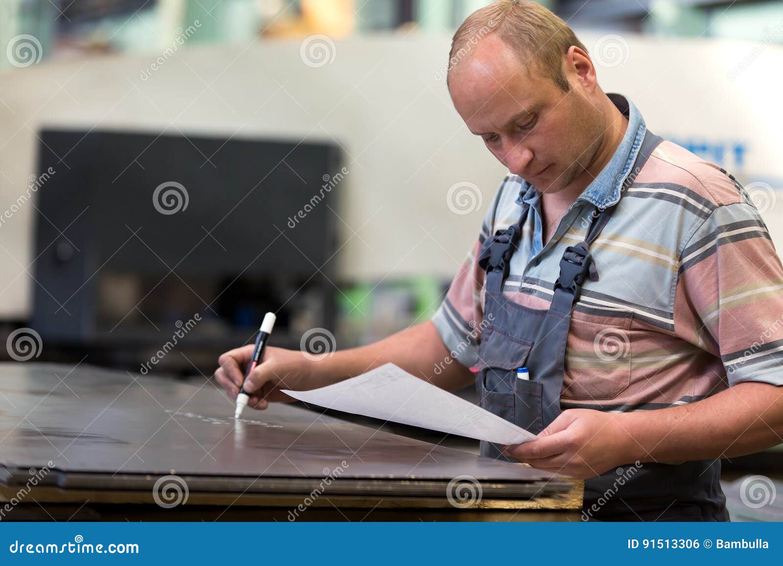 Factory Worker Marking Workpiece Stock Photo Image of manufacture, operator 91513306