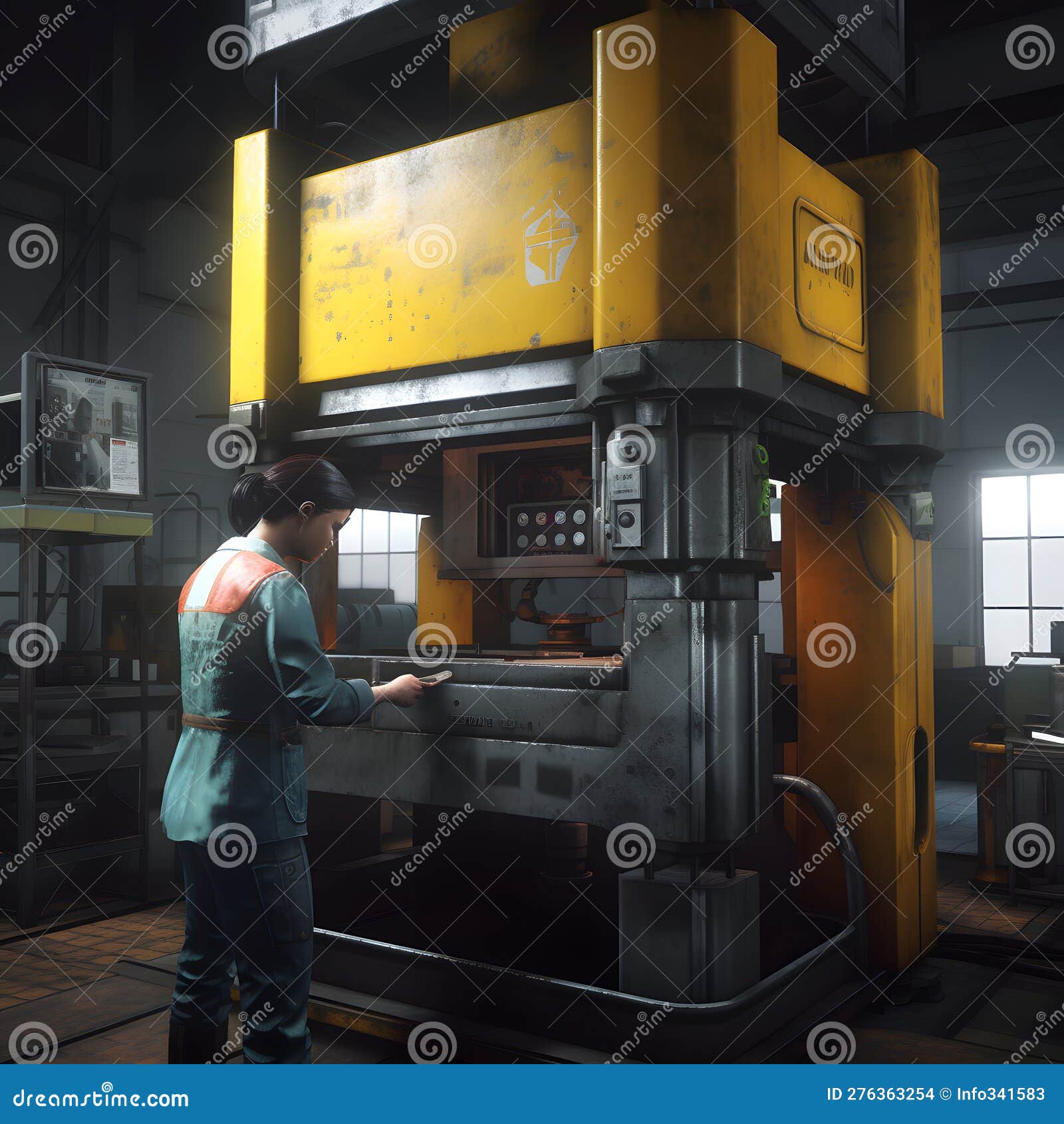 A Factory Worker Operating a Large Hydraulic Press Hyper Created with