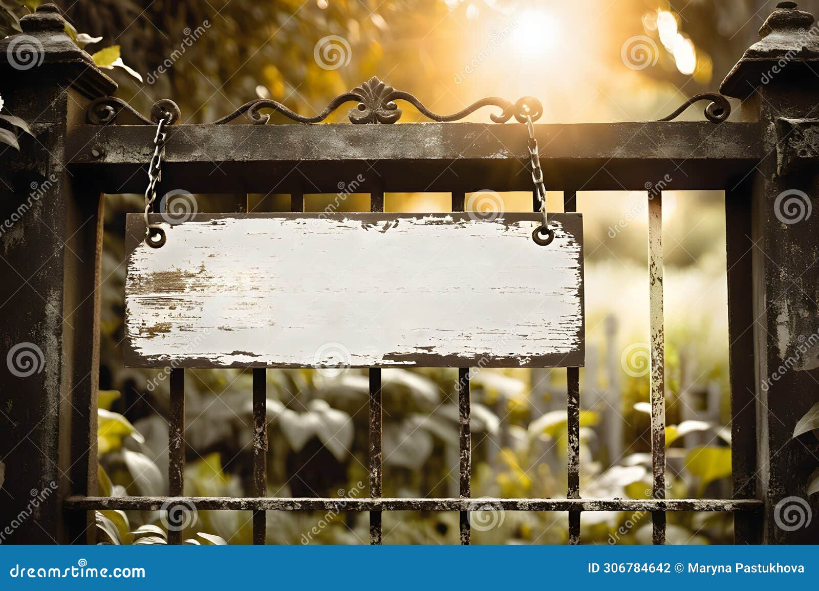 faded old empty wooden sign on rusty iron gate. place for text