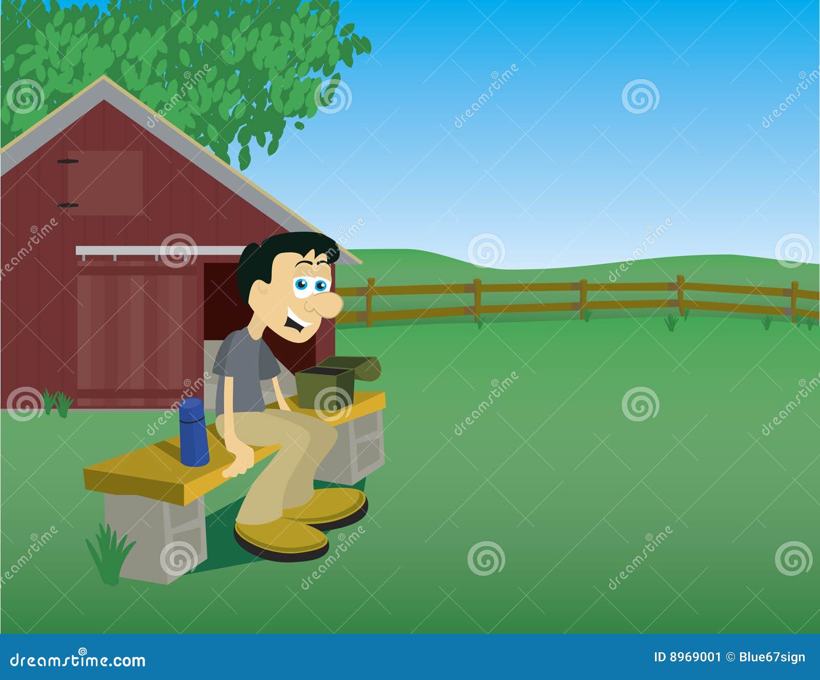 Faire une pause. Illustration d'un homme faisant une pause de ses corvées à une ferme.