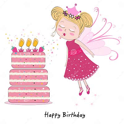 Fairy Girl Blowing Out Candles with Happy Birthday Cake Stock Vector ...