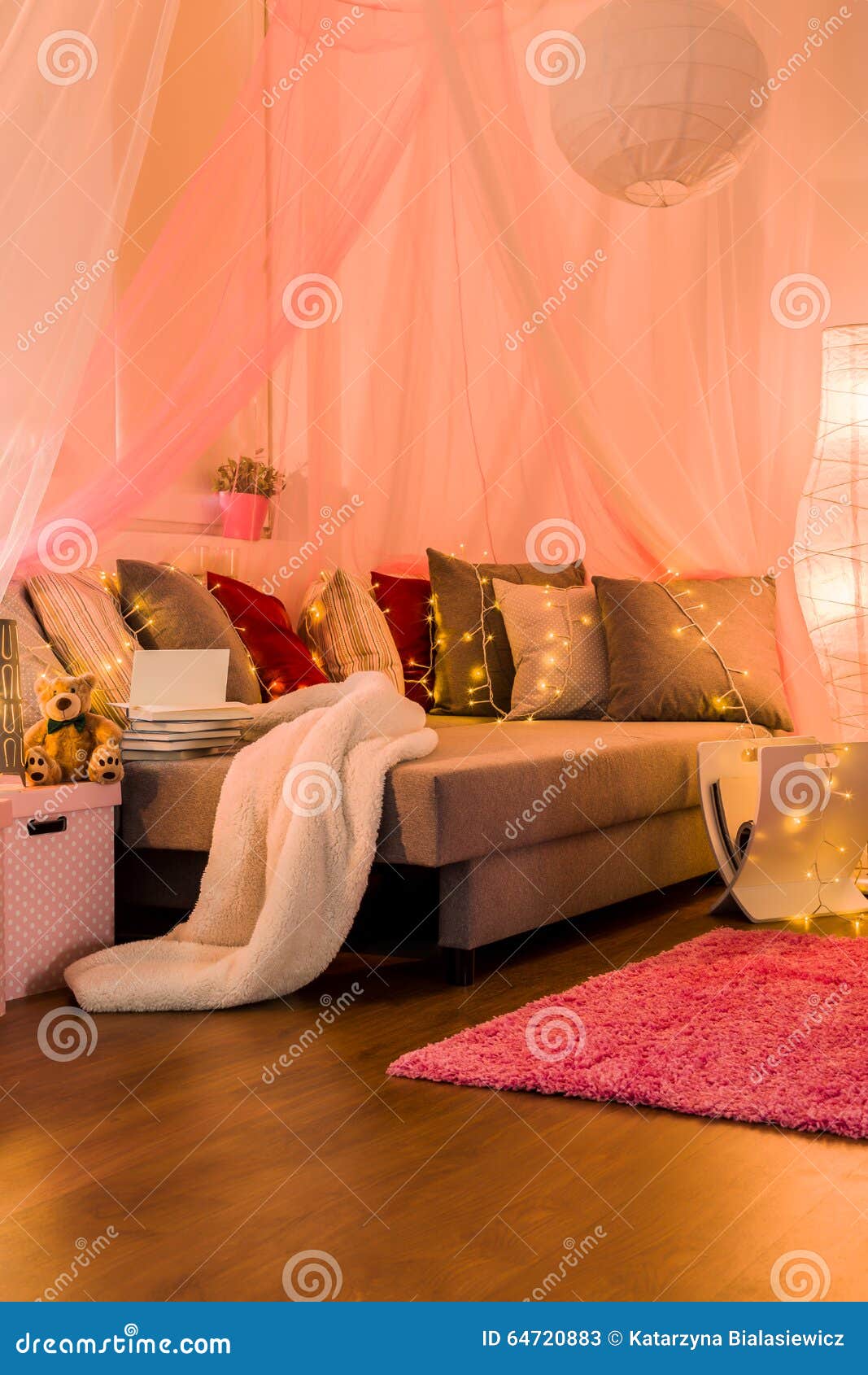 Fairy lights on the bed stock image. Image of night, book 64720883
