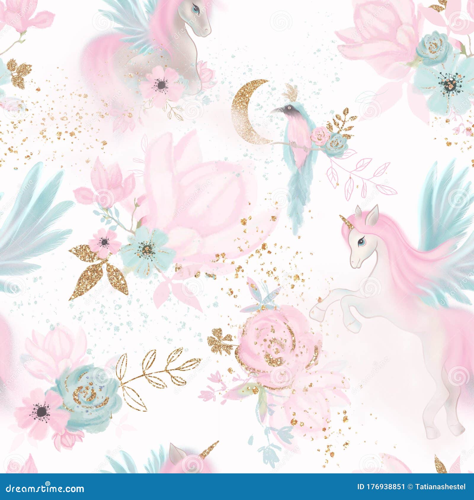 Fairy Magical Garden. Unicorn Seamless Pattern, Pink, Blue, Gold Flowers,  Leaves , Birds and Clouds. Kids Room Wallpaper Stock Illustration -  Illustration of fairytale, dream: 176938851