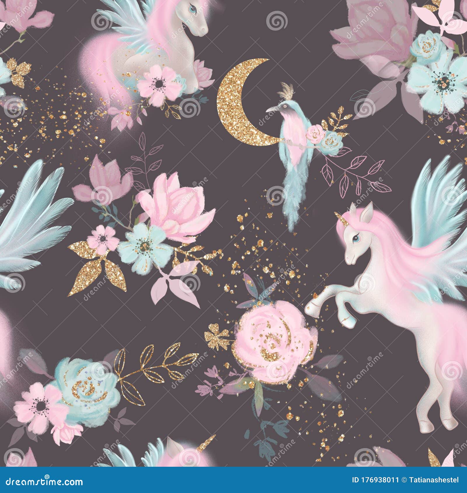 Fairy Magical Garden. Unicorn Seamless Pattern, Pink, Blue, Gold ...