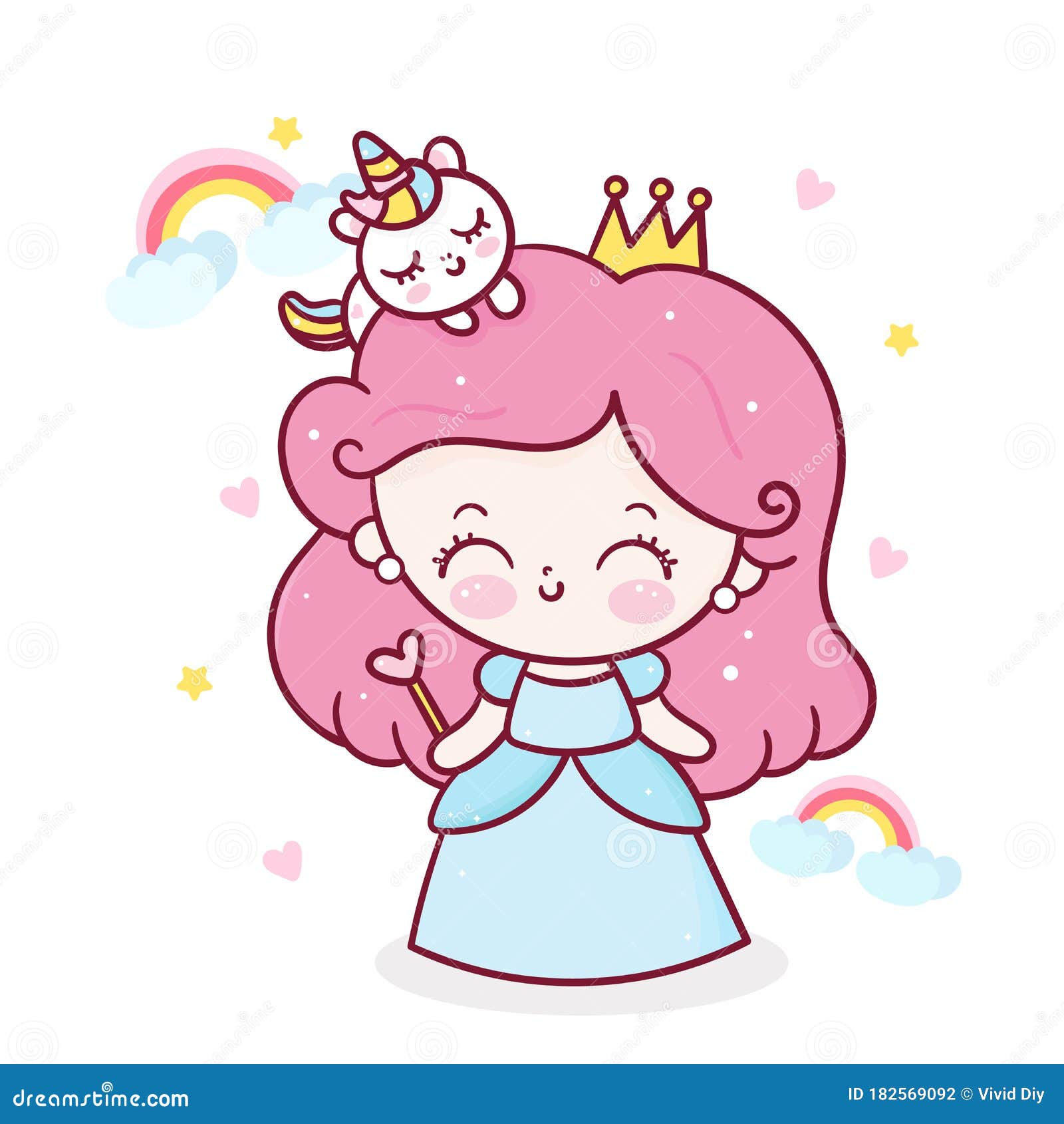 Fairy Princess Girl Cartoon and Unicorn Vector with Rainbow Friendship:  Series Kawaii Animals Character Design Stock Vector - Illustration of draw,  comic: 182569092