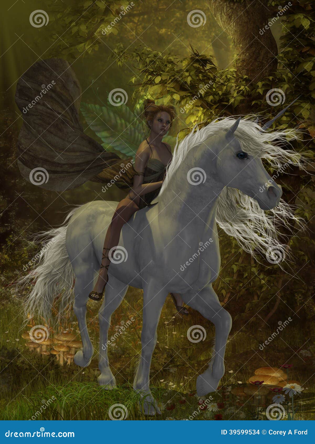 Fairy rides Unicorn. A fairy rides a wild white unicorn through the magical forest.