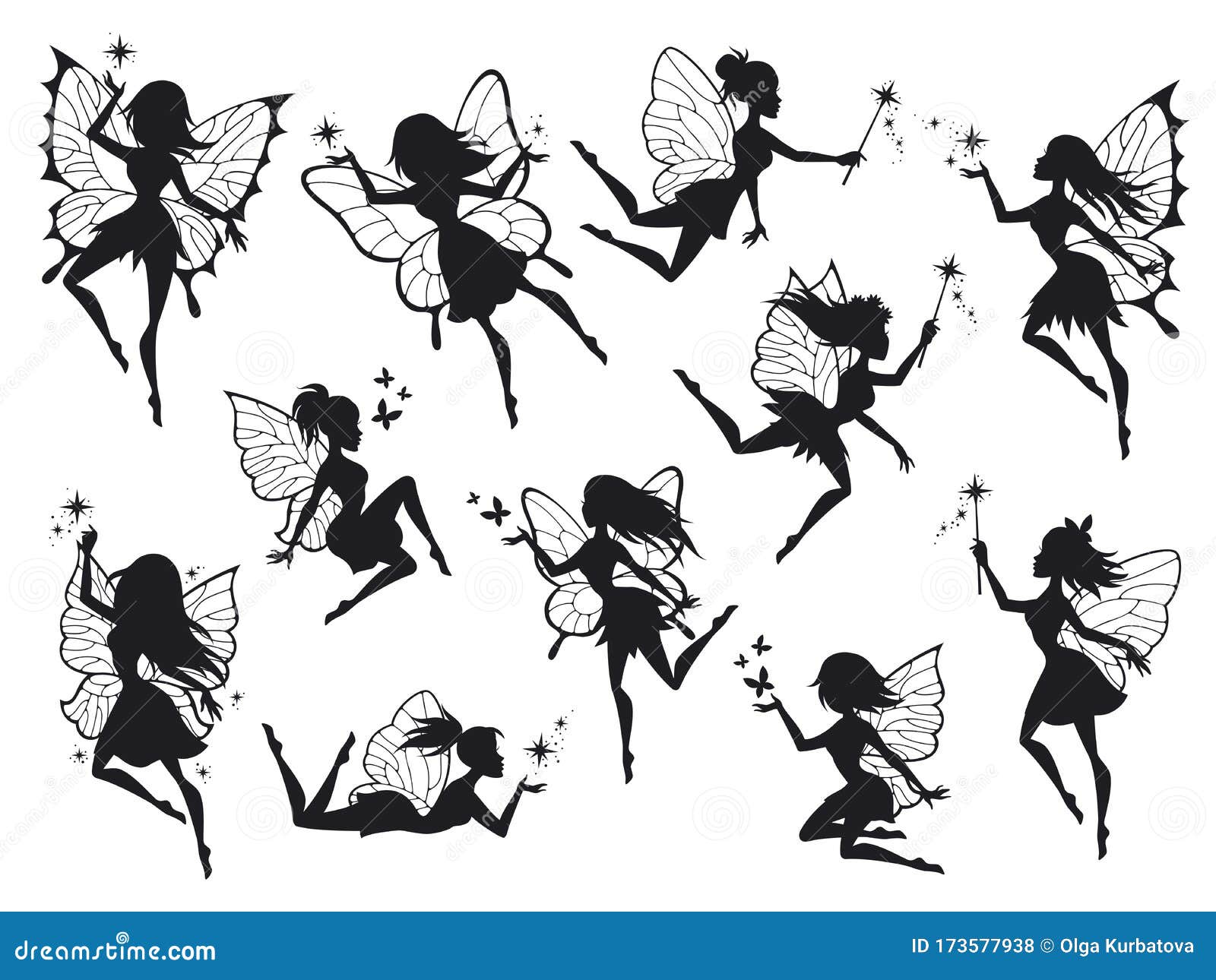 fairy silhouettes. magical fairies with wings, mythological winged flying fairytale characters print  outline