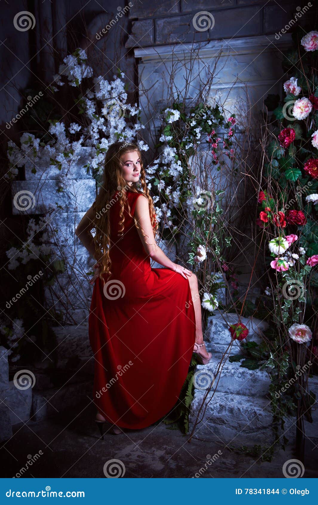 Fairy Tale. Beautiful Princess in Red Dress Sitting in a Mystical ...