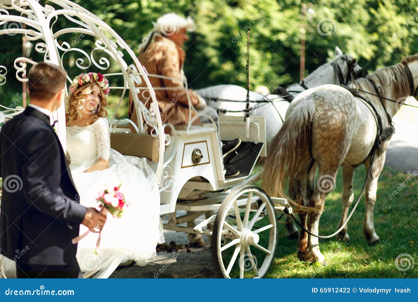 fairy-tale cinderella wedding carriage and horse magical wedding