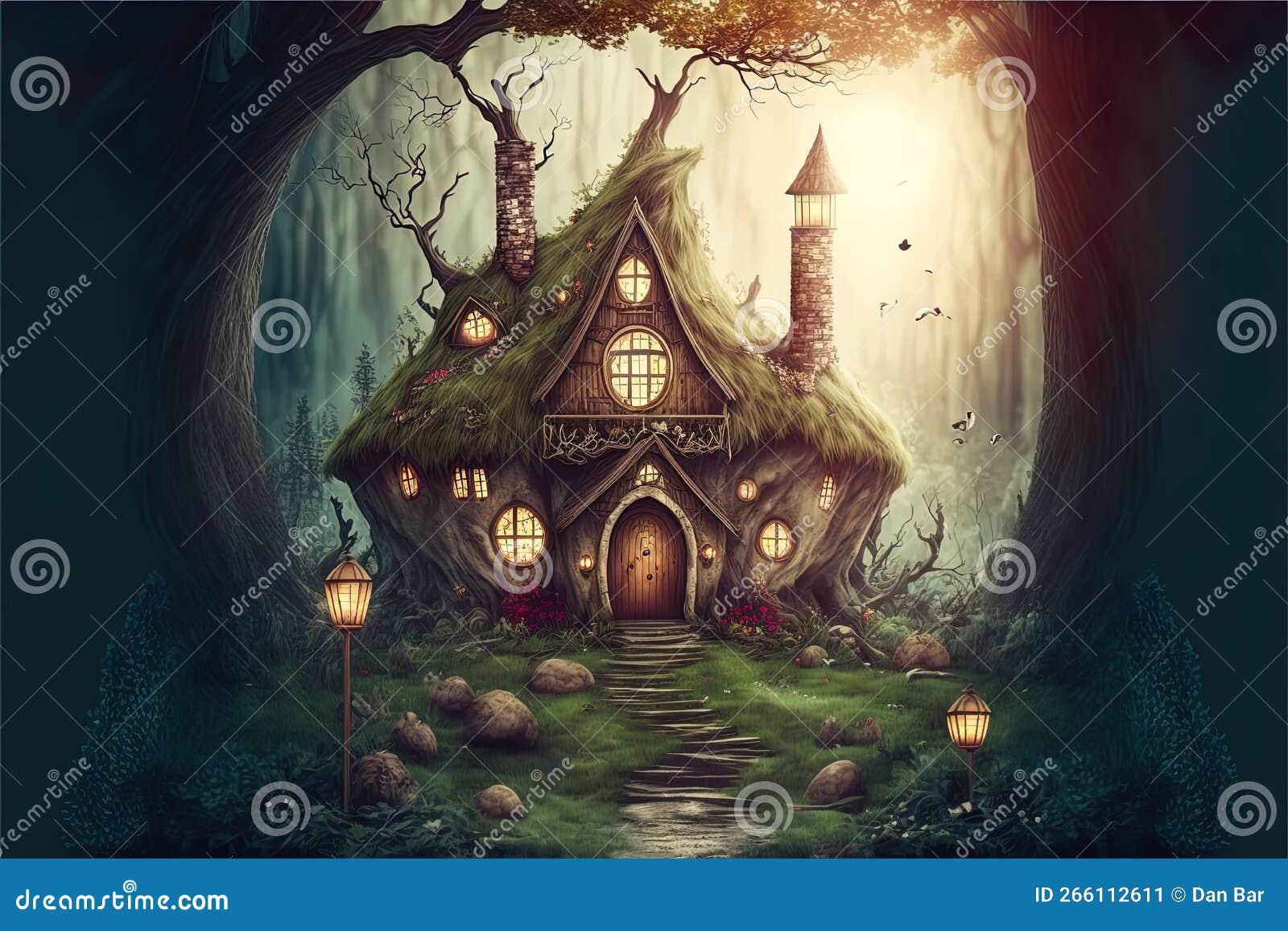 fairy tale fantasy forest with green grass and little cottage house in the woods with tall trees, , generative ai