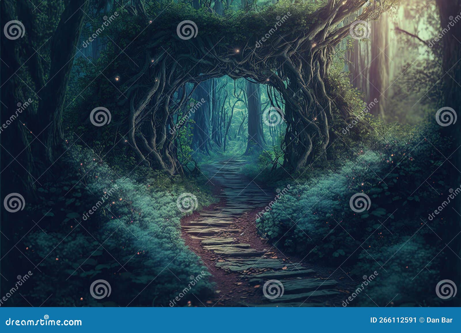fairy tale image with fairy forest, tall trees and green grass, and a mysterious path, generative ai