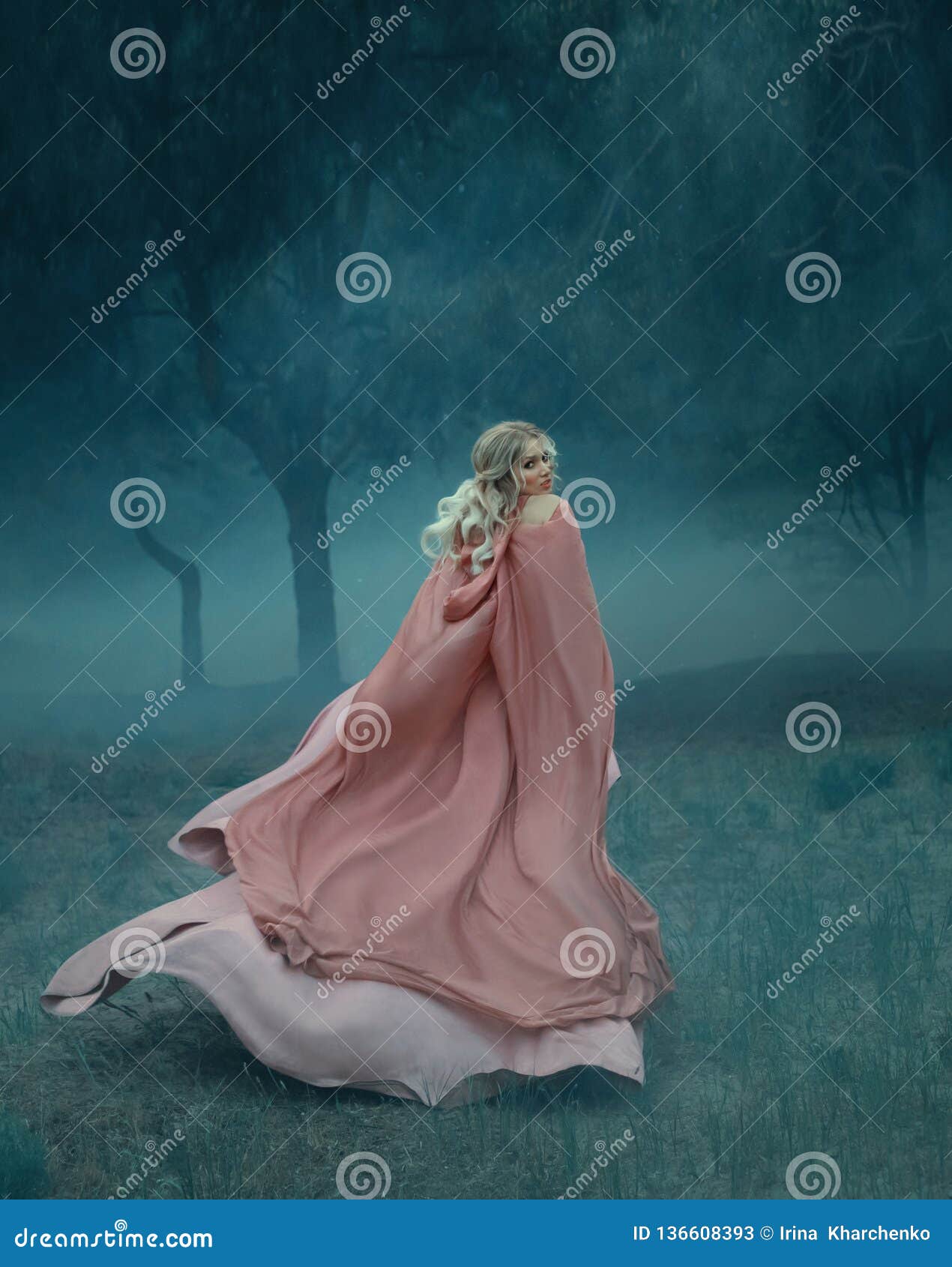 fairy-tale witch with blond hair who runs in a dark and dense mysterious forest full of white mist, dressed in a long