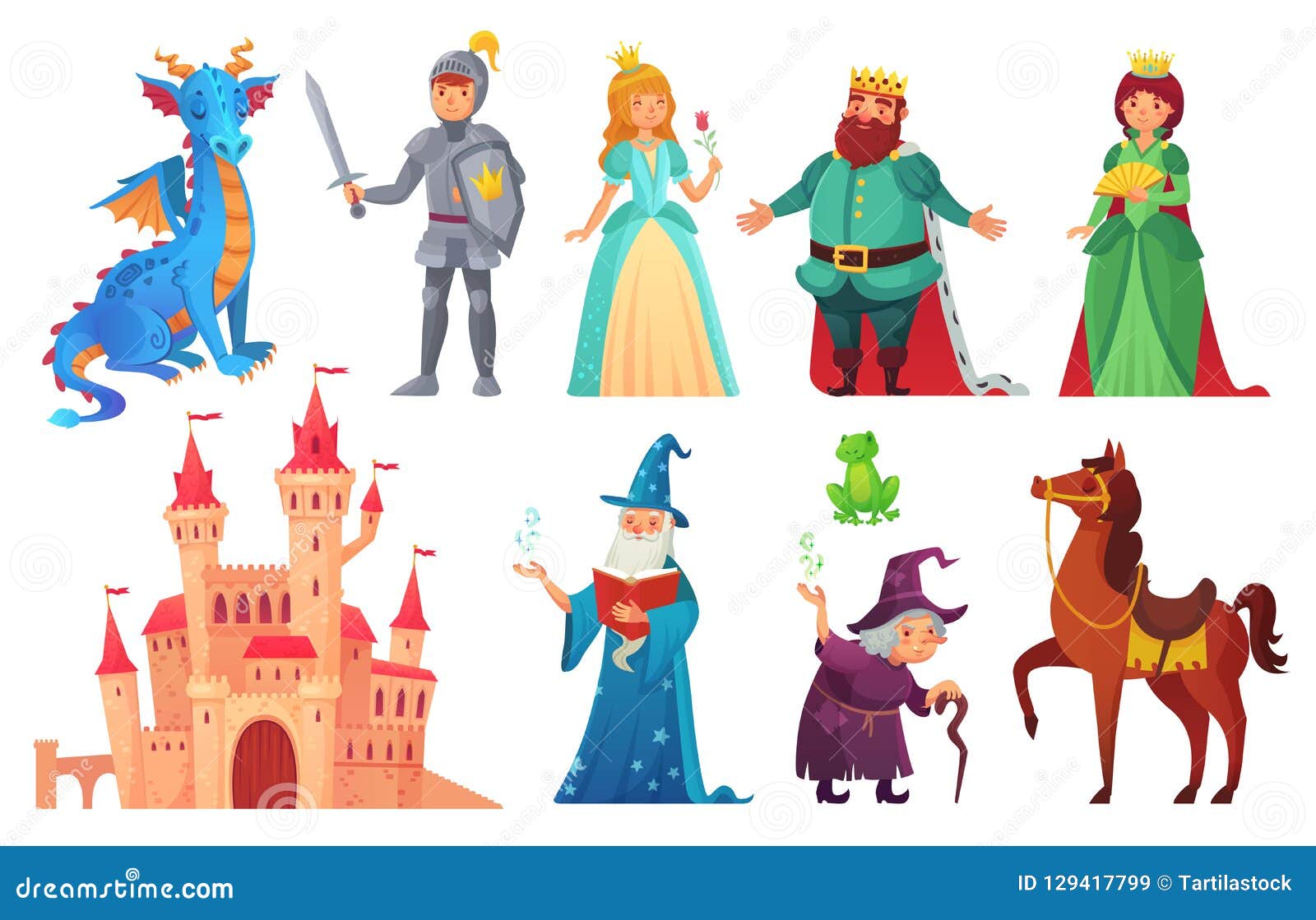 fairy tales characters. fantasy knight and dragon, prince and princess, magic world queen and king  cartoon